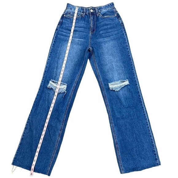 YMI DREAM Woman’s Wide Leg Medium Wash Distressed Denim Jeans w Raw Hem Size 7 - Picture 13 of 16